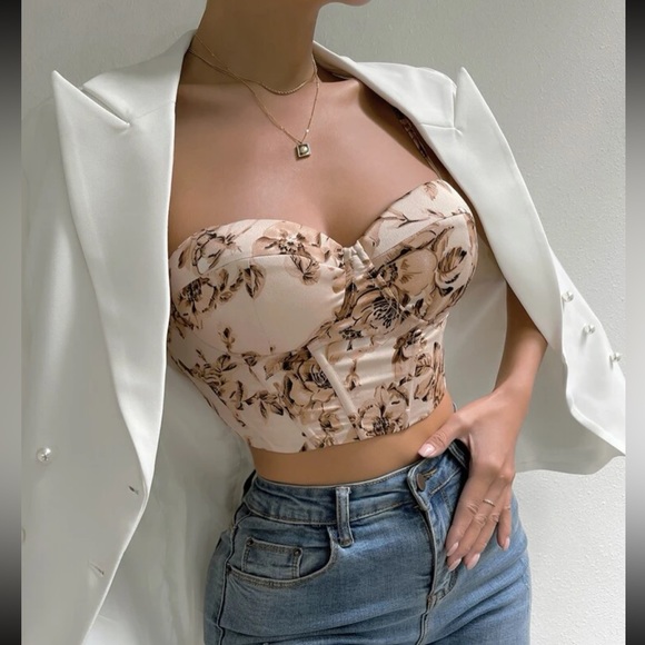 Boho floral print lace up back bustier corset tube satin top - Picture 14 of 16